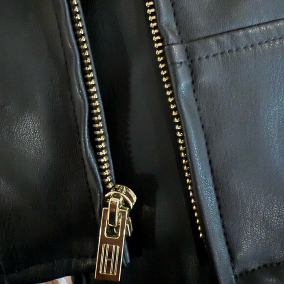 Tommy Hilfiger Black Faux Leather Motorcycle Jacket with Red Plaid Lining - Picture 5 of 5